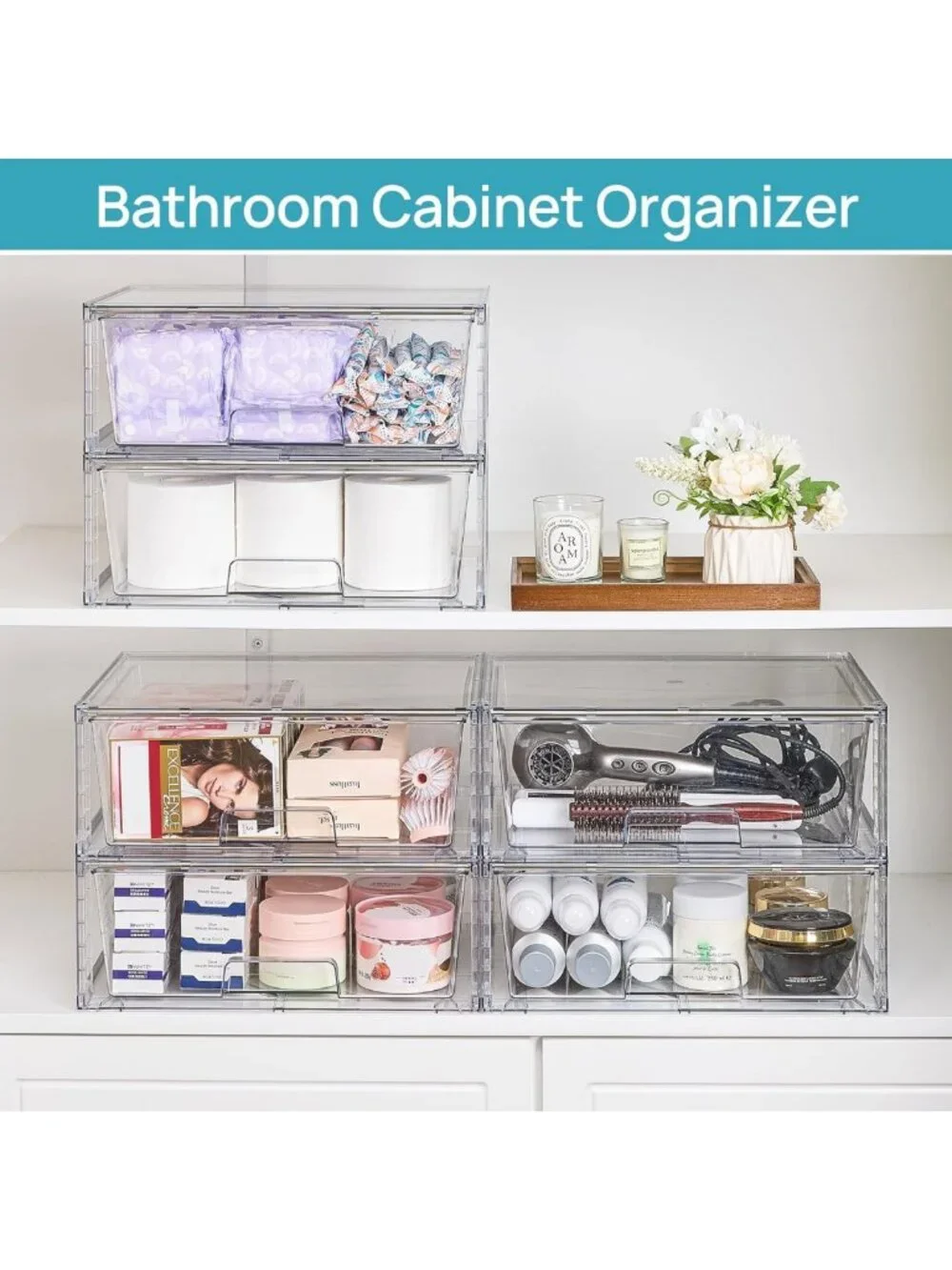 2 Pack Large Stackable Clear Acrylic Storage Drawers for Bathroom & Kitchen